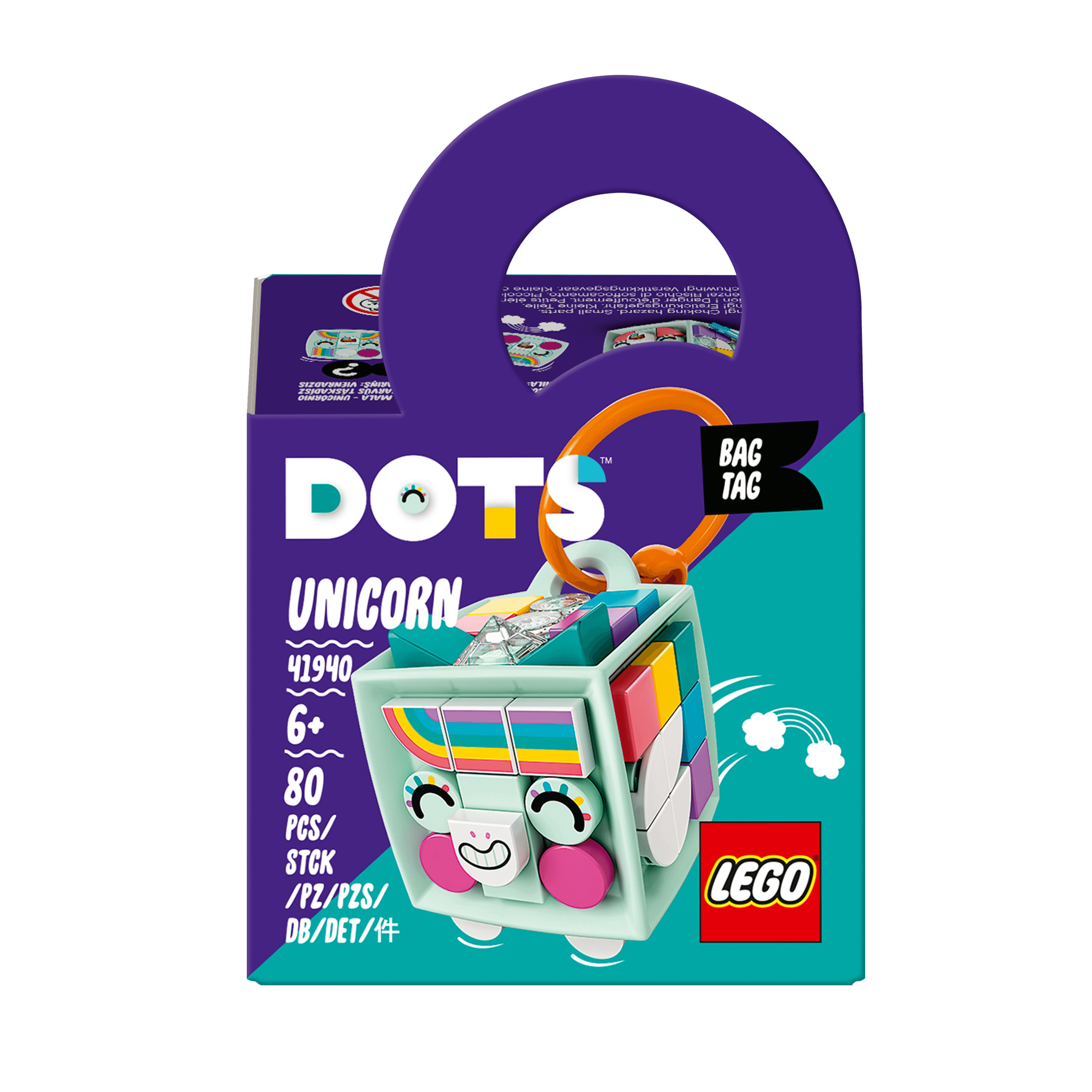 LEGO® DOTS Bag Tag Unicorn Arts & Crafts Set 41940 with mint cube, tiles, and hanger for kids' design fun.