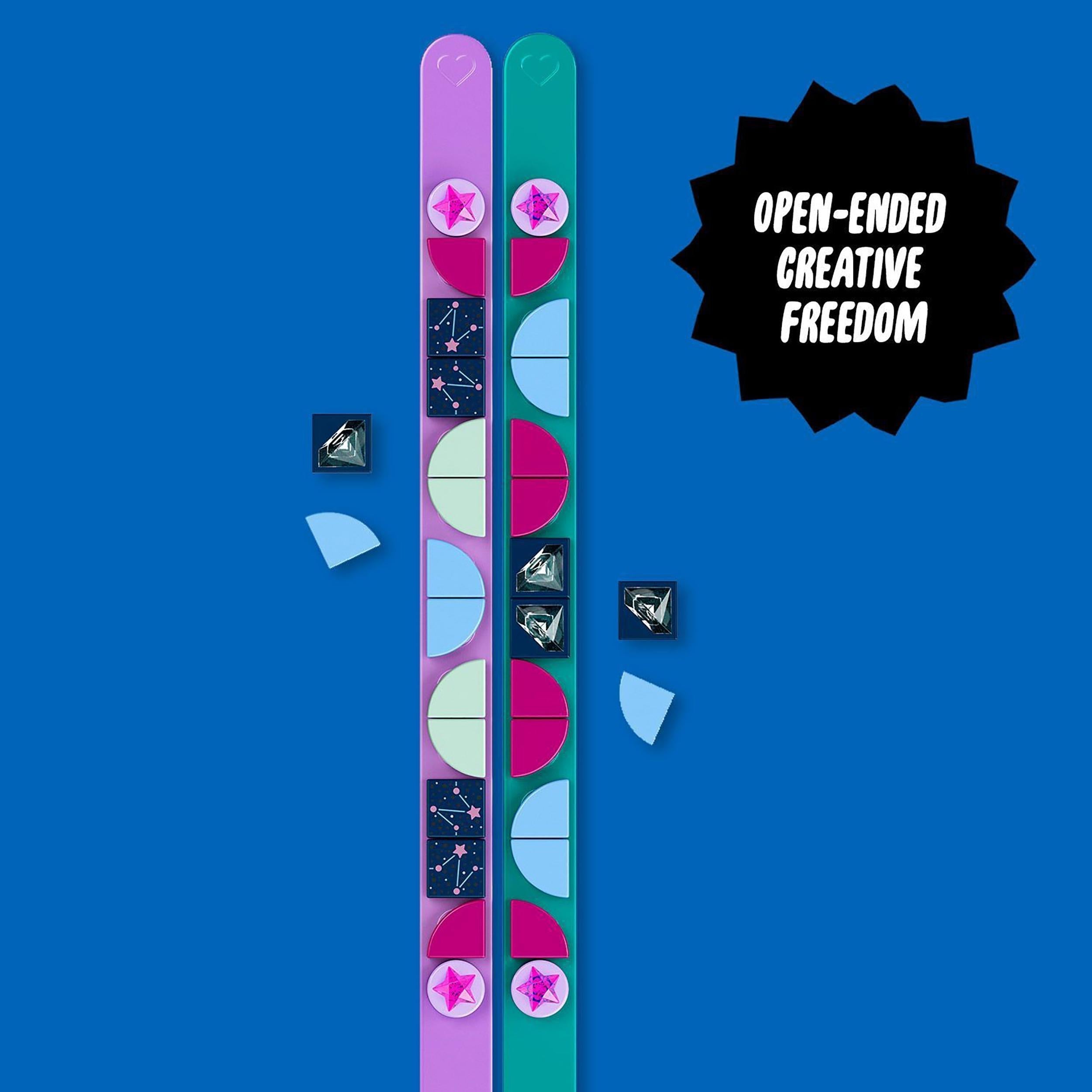 LEGO® DOTS Starlight Bracelets Set showcasing teal and purple bracelets with colorful tiles for creative play.