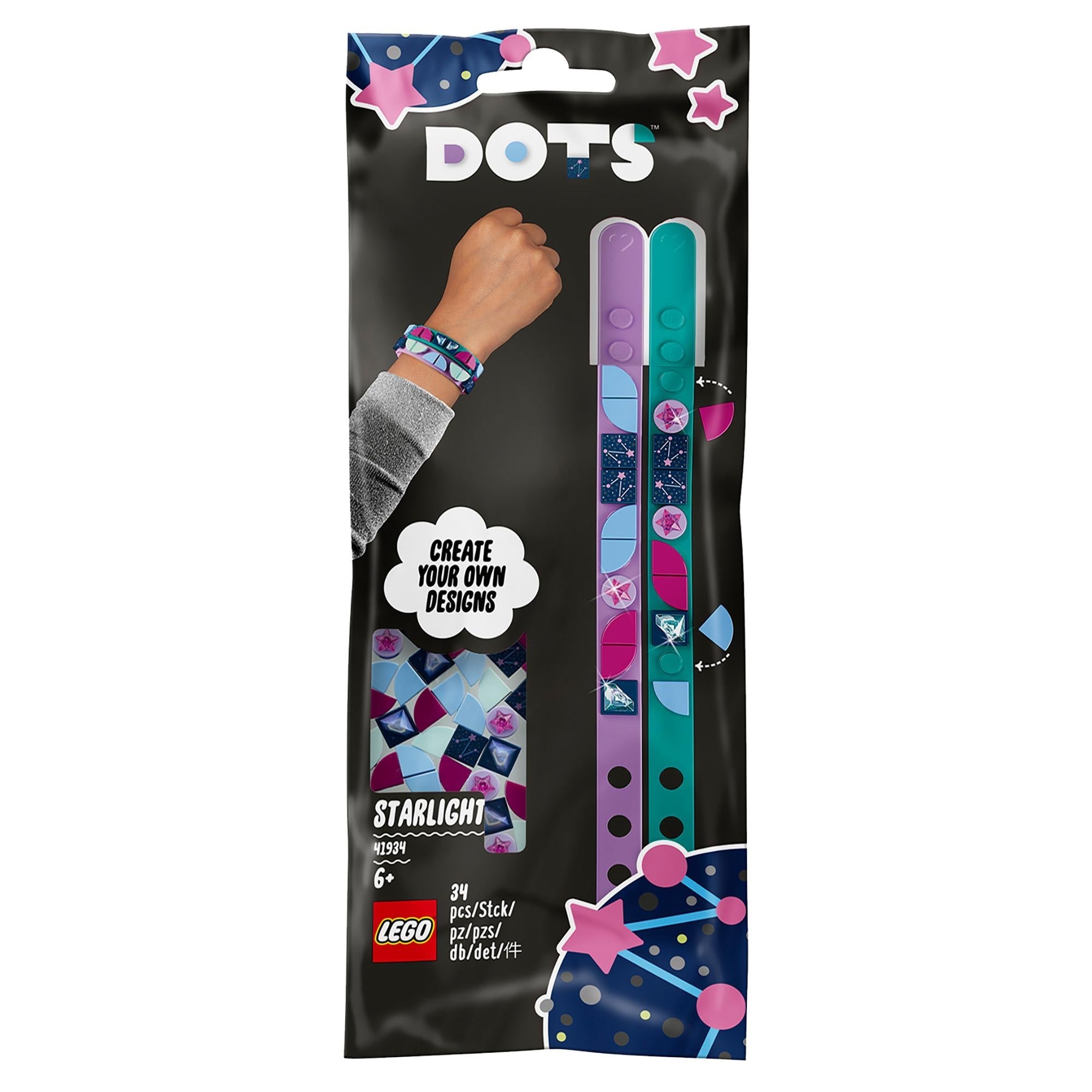 LEGO DOTS Starlight Bracelets Set 41934 with teal and purple bracelets and 32 decorative tiles for creative fun.