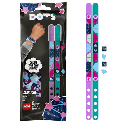 LEGO® DOTS Starlight Bracelets Making Set 41934 with teal and purple bracelets and colorful tiles for creative designs.