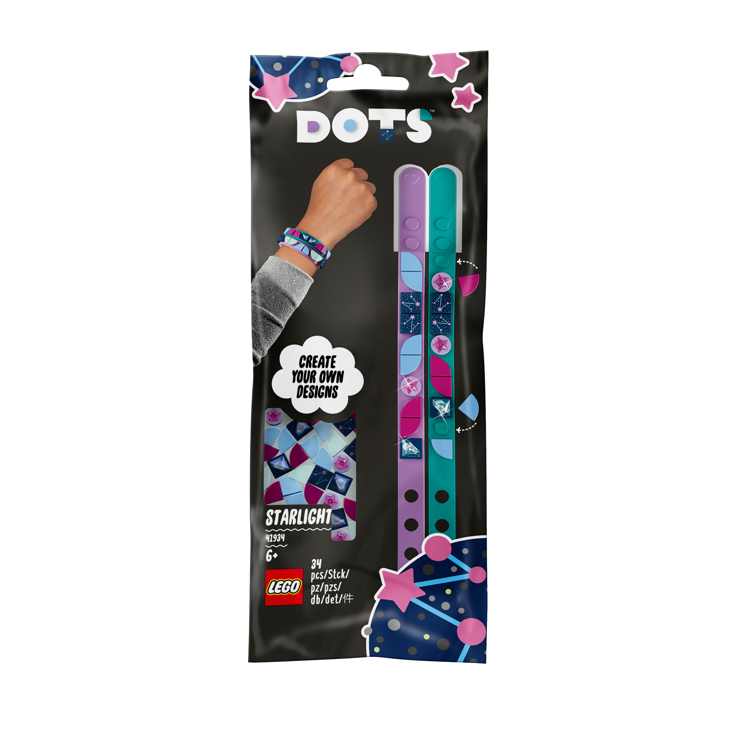 LEGO DOTS Starlight Bracelets Making Set 41934 with teal and purple bracelets and colorful tiles for creative designs.
