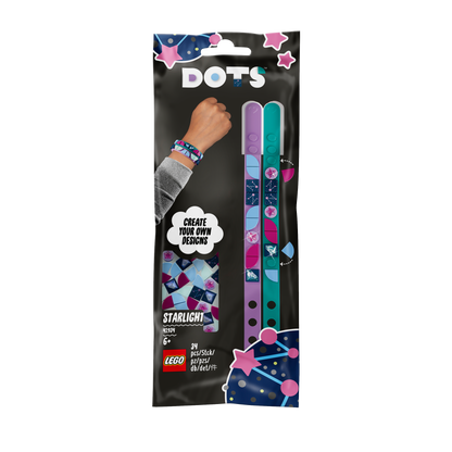 LEGO DOTS Starlight Bracelets Making Set 41934 with teal and purple bracelets and colorful tiles for creative designs.