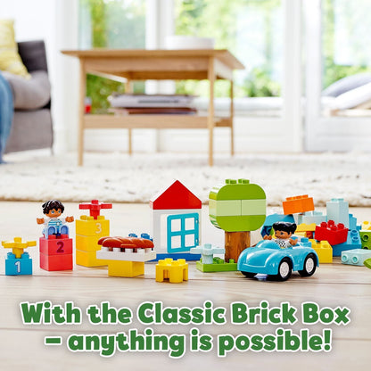 LEGO® DUPLO Classic Brick Box Set 10913 displayed with colorful bricks, figures, and a car for creative toddler play.
