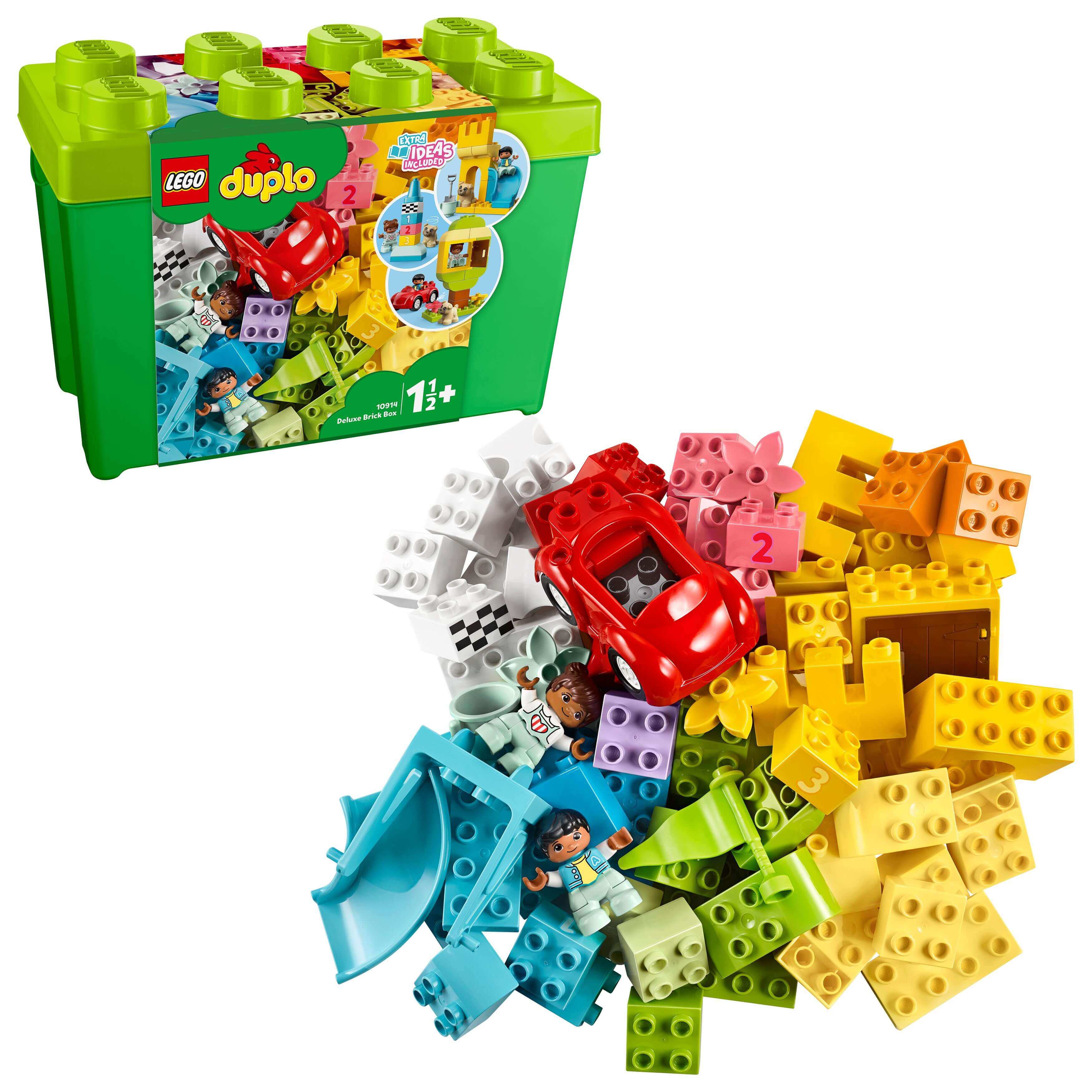 Colorful LEGO® DUPLO Classic Deluxe Brick Box Set 10914 showcasing bricks, car, and figures, perfect for toddlers.