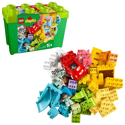 Colorful LEGO® DUPLO Classic Deluxe Brick Box Set 10914 showcasing bricks, car, and figures, perfect for toddlers.