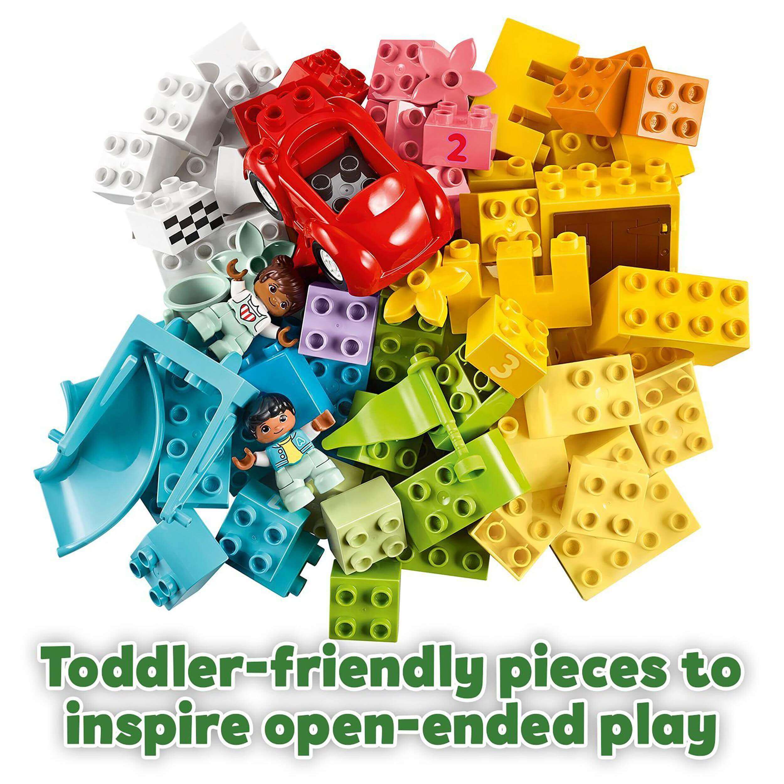 Colorful LEGO® DUPLO pieces including a red car, perfect for inspiring toddlers' open-ended play.