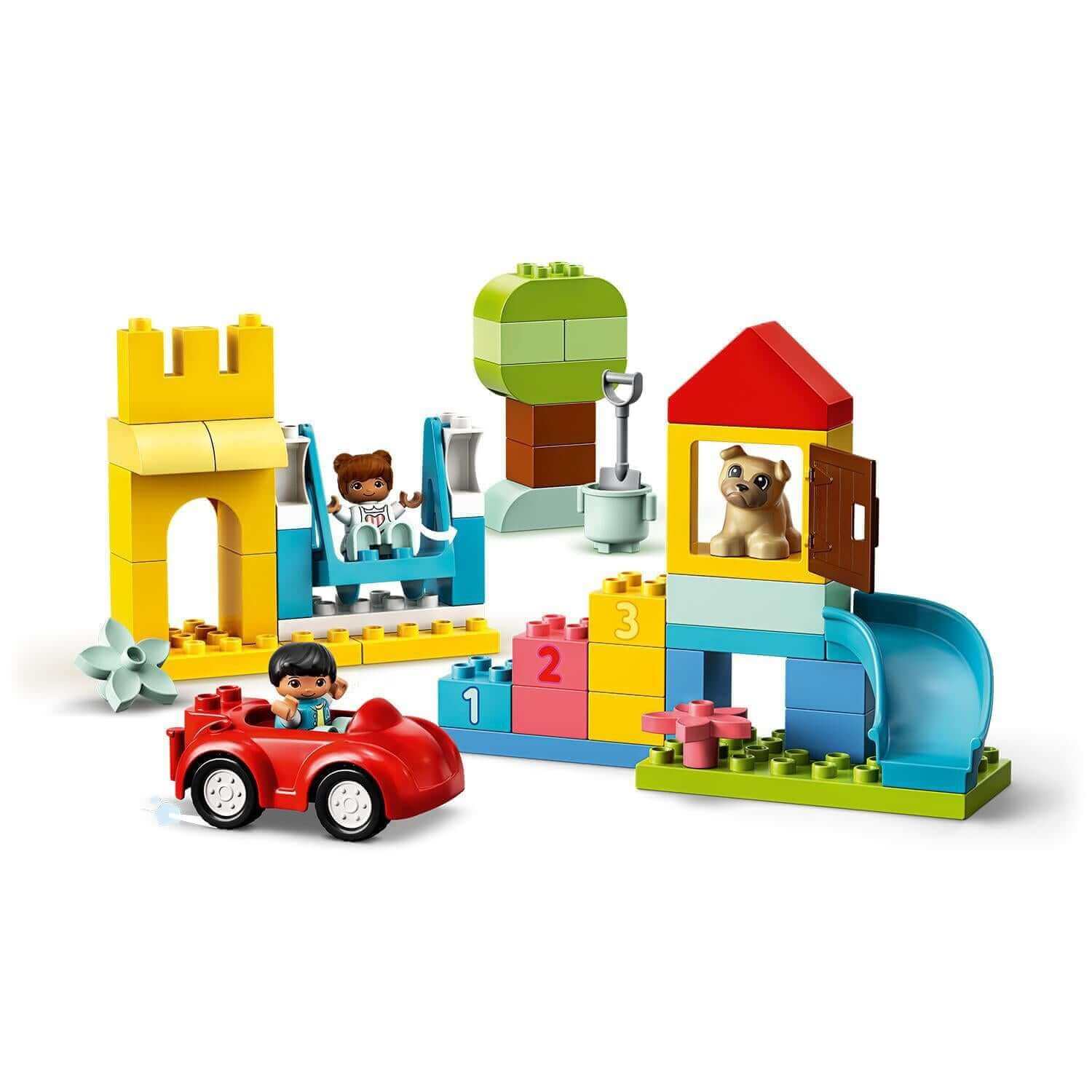 Colorful LEGO® DUPLO Classic Deluxe Brick Box Set 10914 with car, toys, and play structures for toddlers.