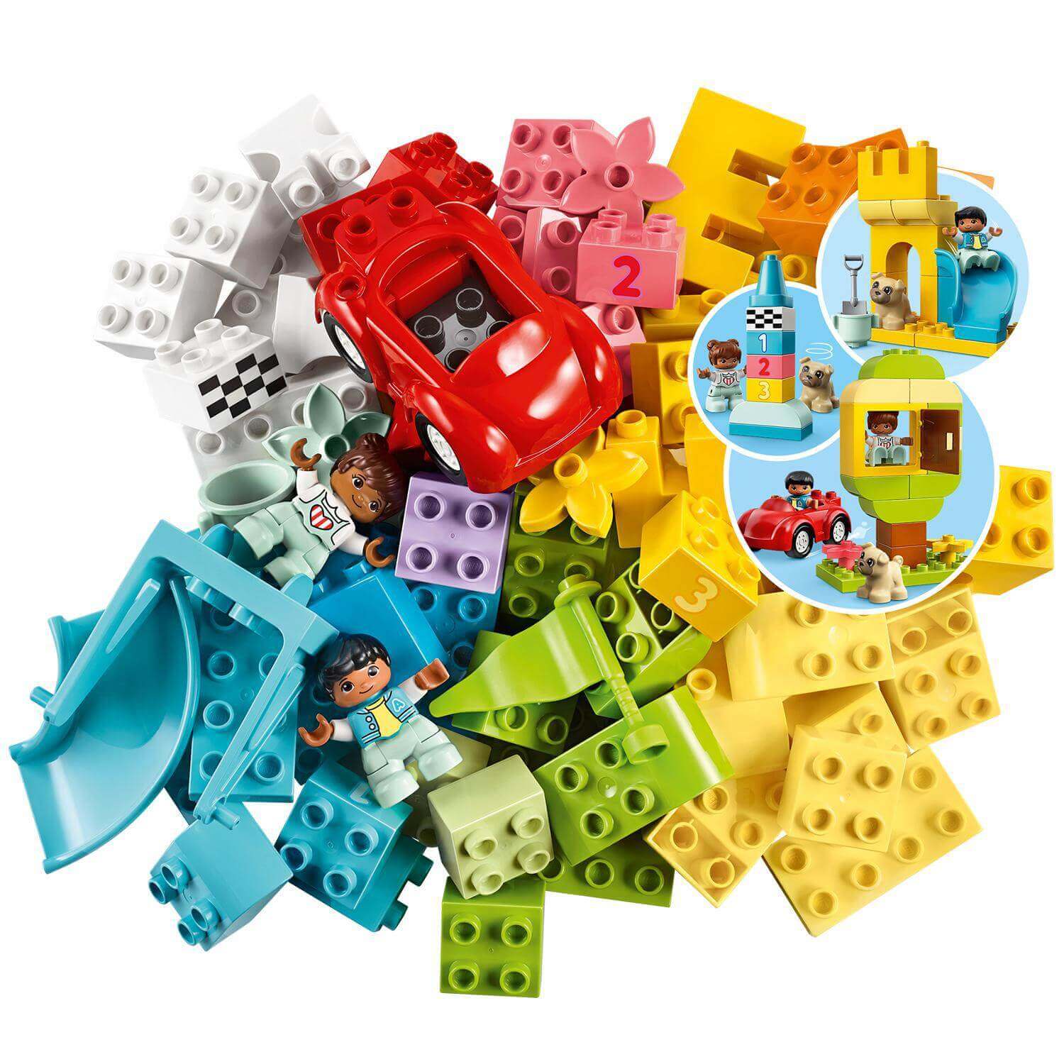 Colorful LEGO® DUPLO Classic Deluxe Brick Box Set with car, flowers, and number-bricks for toddlers' creative play.