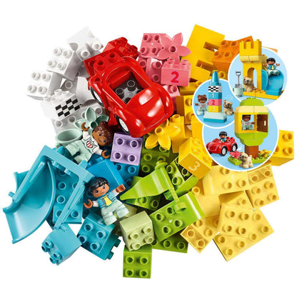 Colorful LEGO® DUPLO Classic Deluxe Brick Box Set with car, flowers, and number-bricks for toddlers' creative play.