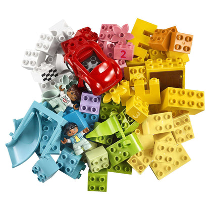LEGO® DUPLO Classic Deluxe Brick Box Set 10914 featuring colorful bricks, a car, flowers, and toddler-friendly elements.