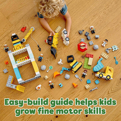 LEGO DUPLO Town Tower Crane set with construction vehicles and characters, perfect for role-play and fine motor skill development.