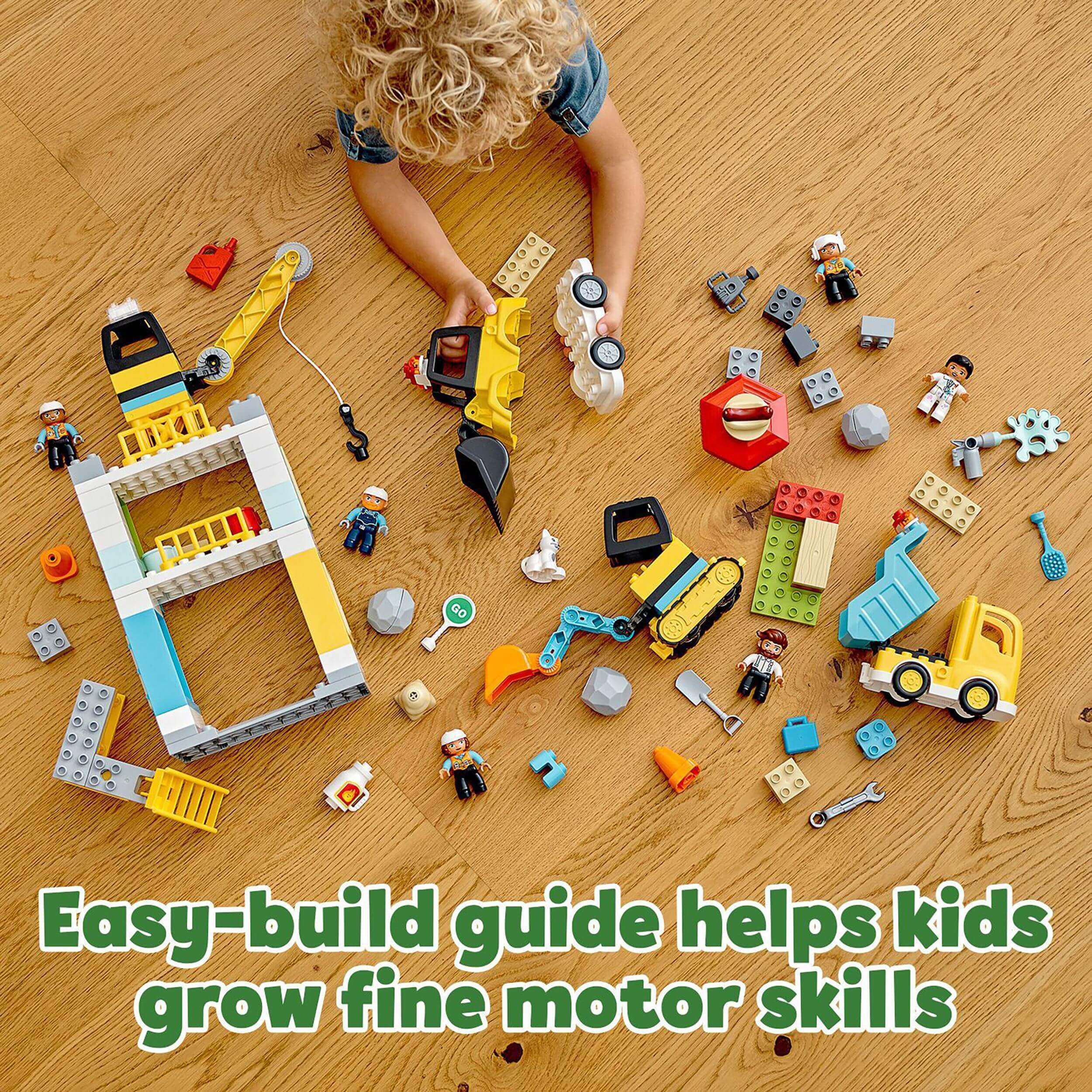 LEGO DUPLO Town Tower Crane set with construction vehicles and characters, perfect for role-play and fine motor skill development.