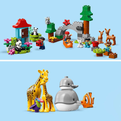LEGO® DUPLO Town World Animals 10907 set featuring 15 animals, buildable environments, and accessories for toddlers.