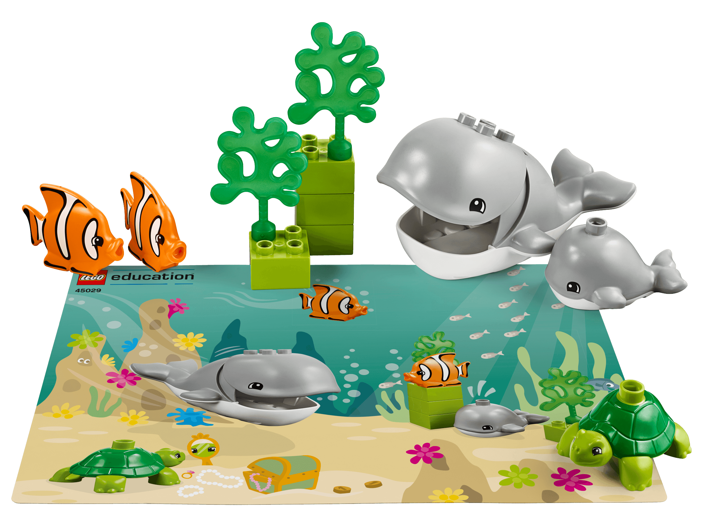 LEGO® Education Animals 45029 set featuring colorful marine life including whales, turtle, and clownfish on a vibrant play mat.