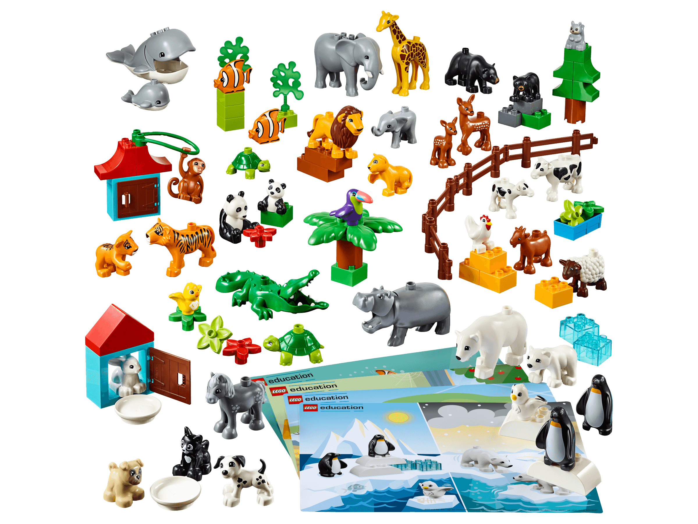 LEGO® Education Animals 45029 set featuring wild, farm, and pet animals with DUPLO® elements and habitat cards.