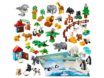 LEGO® Education Animals 45029 set featuring wild, farm, and pet animals with DUPLO® elements and habitat cards.