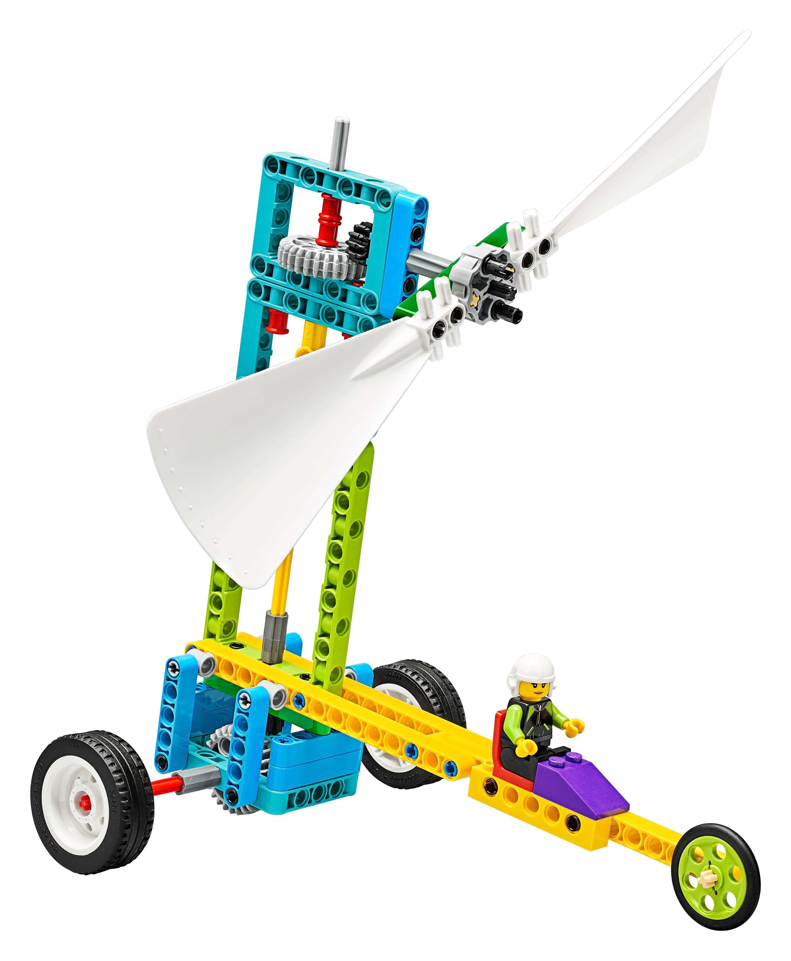 LEGO Education BricQ Motion Prime Set 45400 showcasing a colorful science experiment model with a fan and wheels.