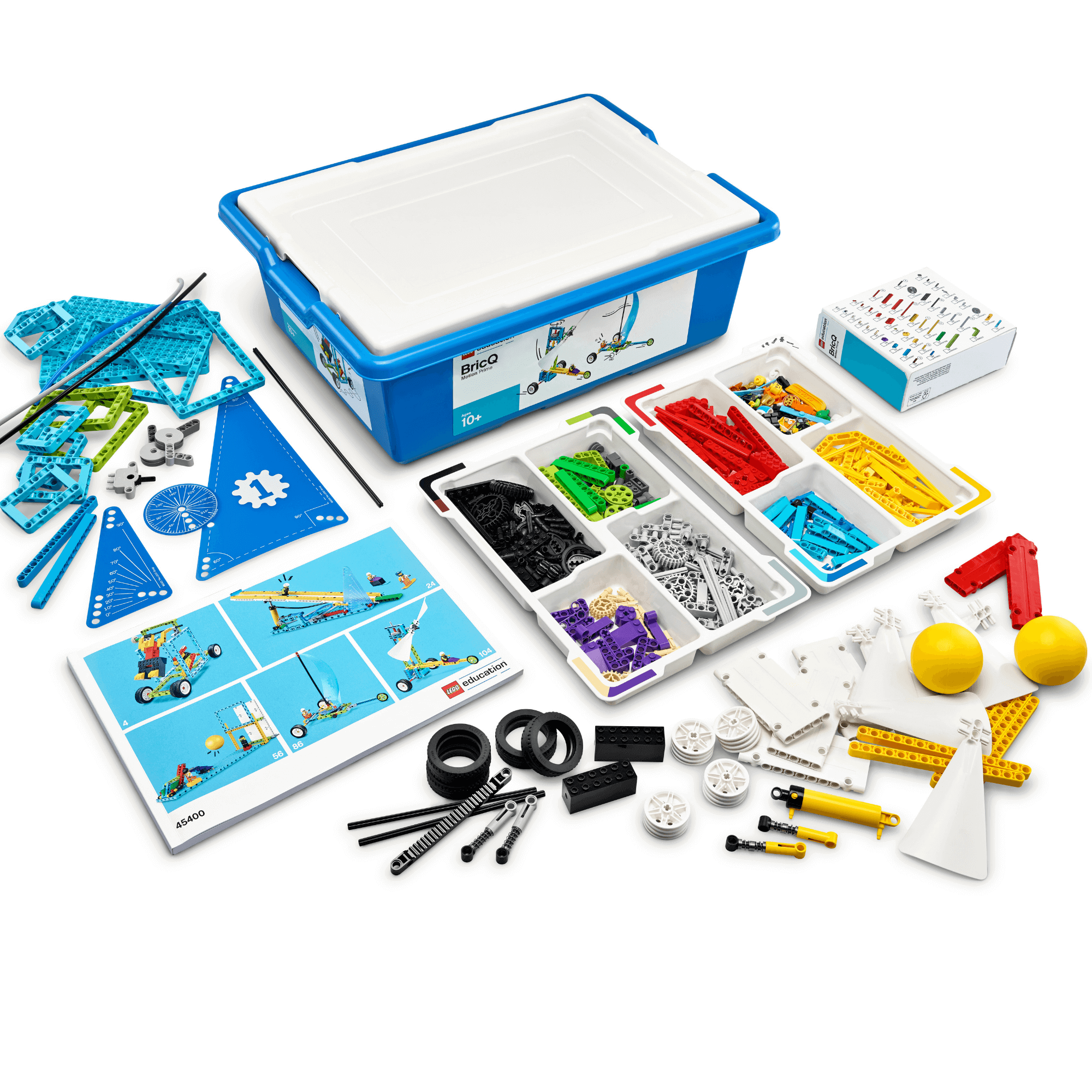 LEGO Education BricQ Motion Prime Set 45400 with colorful bricks and components for hands-on STEAM learning.