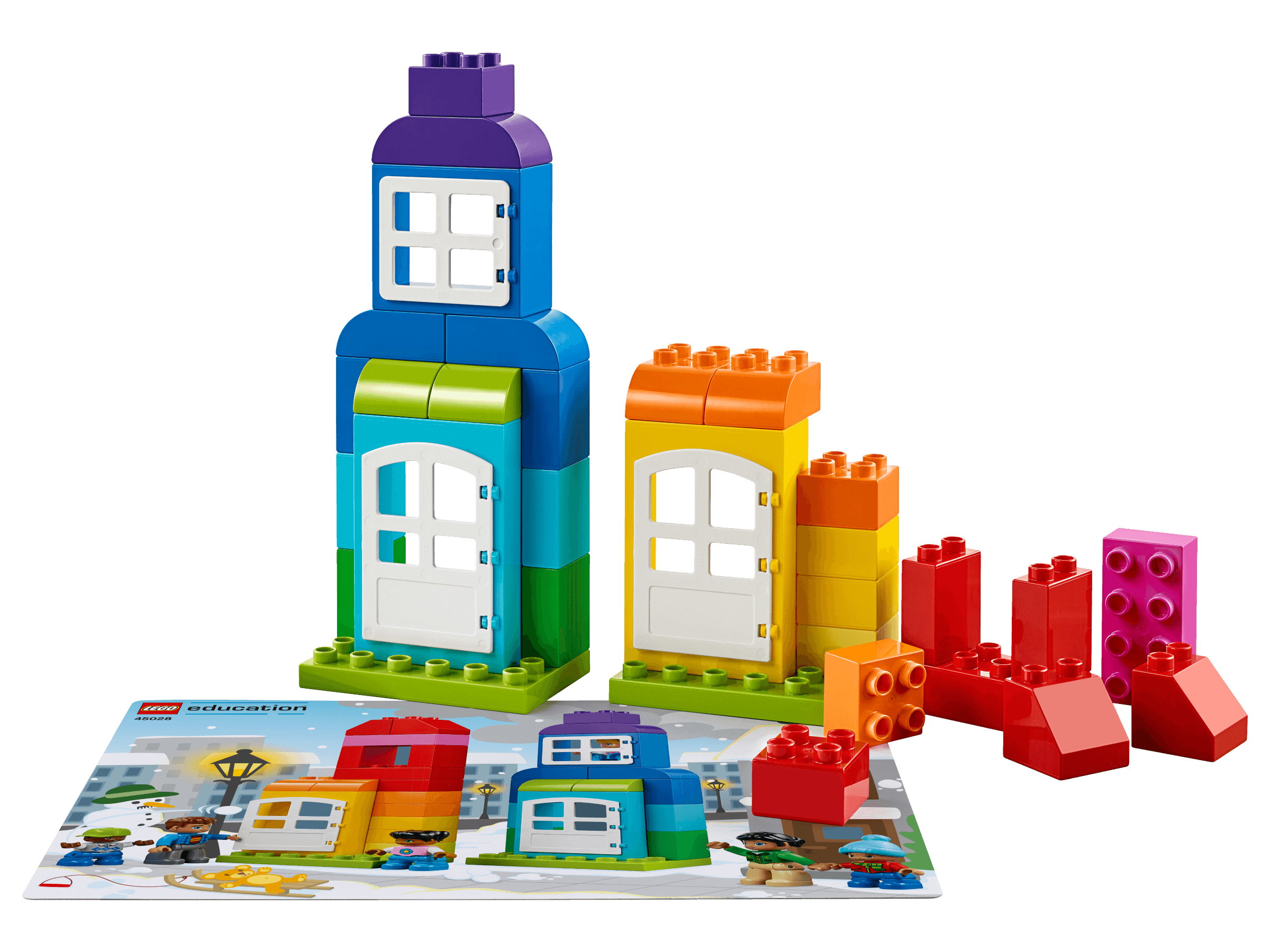 LEGO® Education My XL World 45028 set with colorful building blocks and instructional booklet for preschool learning.