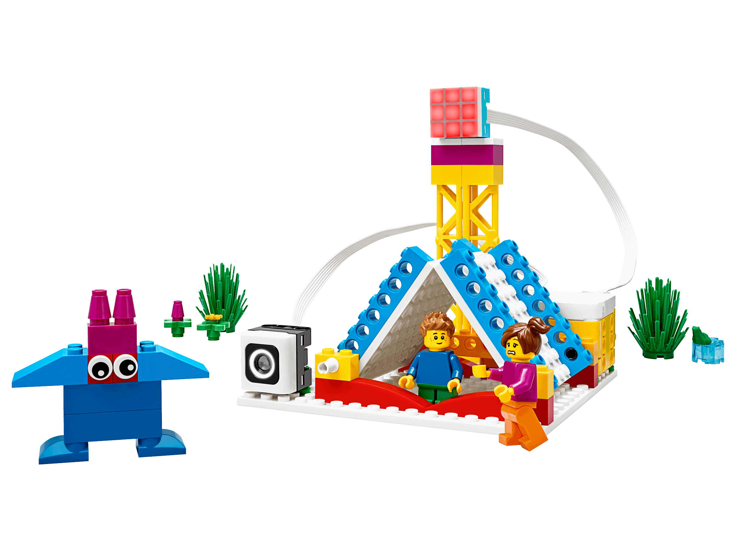 LEGO Education SPIKE Essential Set 45345 showcasing playful STEAM learning with colorful models and figures.