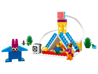 LEGO Education SPIKE Essential Set 45345 showcasing playful STEAM learning with colorful models and figures.