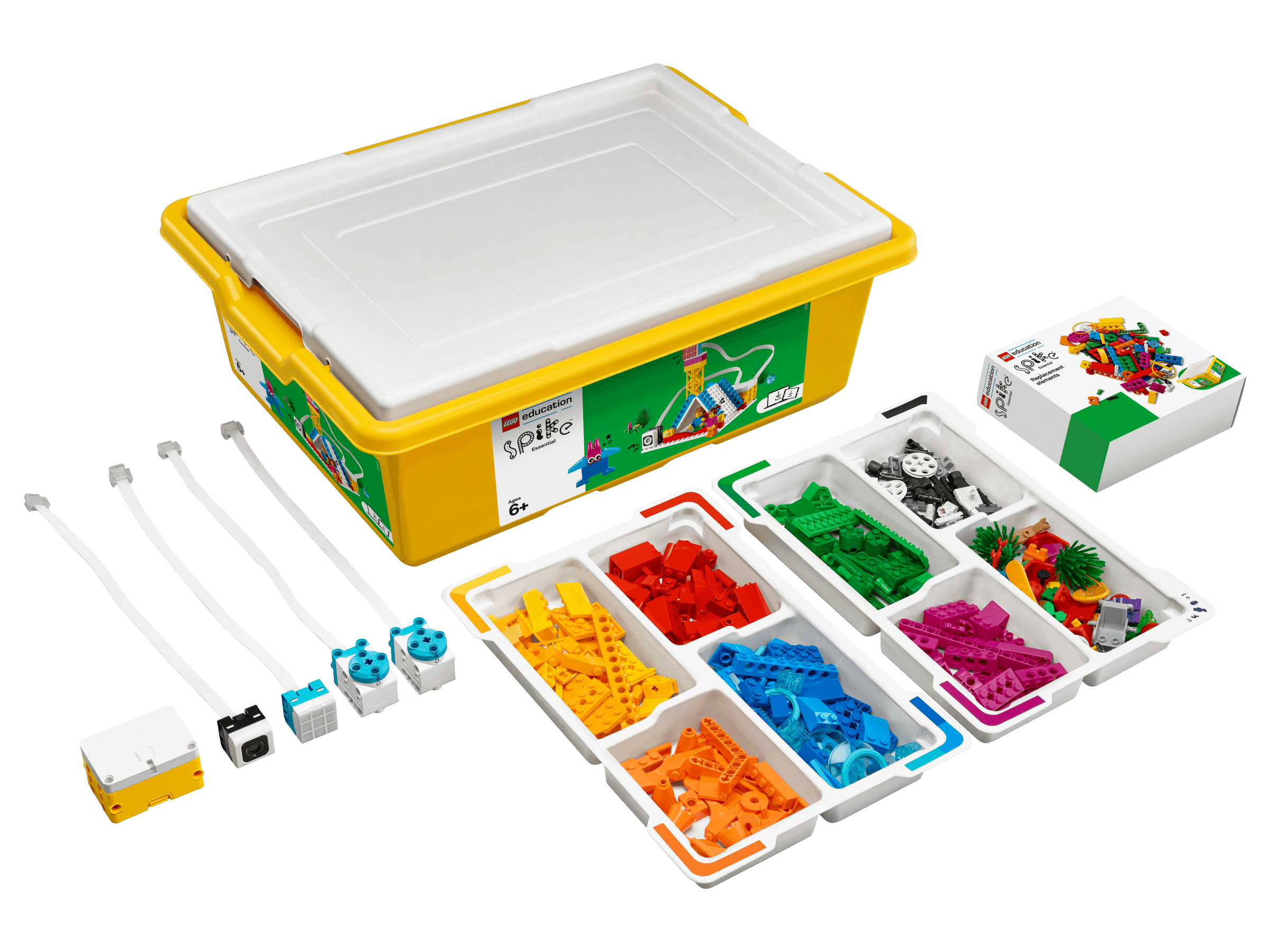 LEGO Education SPIKE Essential Set 45345 with colorful bricks and accessories for hands-on STEAM learning.