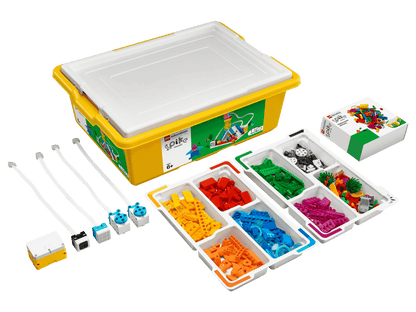 LEGO Education SPIKE Essential Set 45345 with colorful bricks and accessories for hands-on STEAM learning.