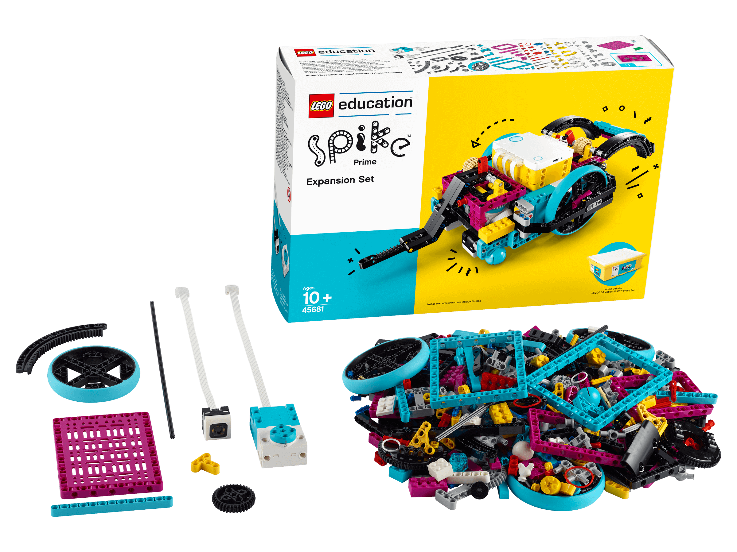 LEGO Education SPIKE Prime Expansion Set 45681 with colorful bricks and robotics elements for STEAM learning.