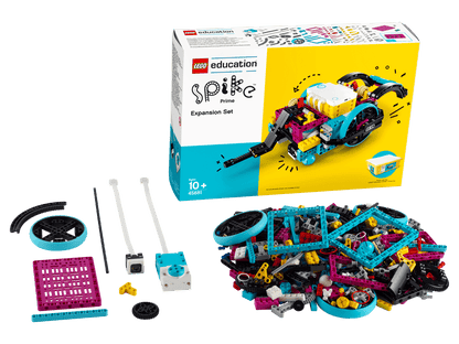 LEGO Education SPIKE Prime Expansion Set 45681 with colorful bricks and robotics elements for STEAM learning.