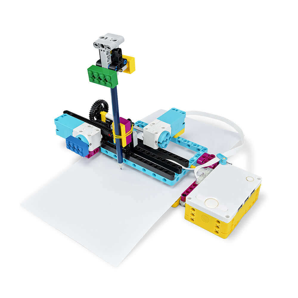 LEGO Education SPIKE PRIME Set 45678 multi-port hub with drawing mechanism and white paper background.