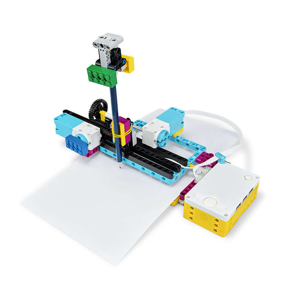 LEGO Education SPIKE PRIME Set 45678 multi-port hub with drawing mechanism and white paper background.