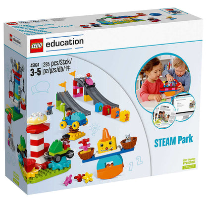 LEGO Education STEAM Park 45024 box showing kids enjoying creative play with DUPLO bricks and dynamic rides.