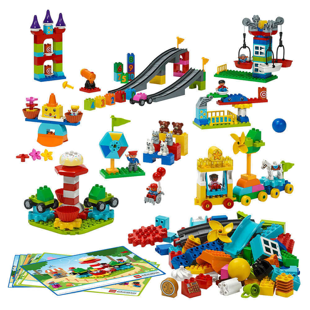 Colorful LEGO® DUPLO® STEAM Park set with dynamic rides, games, and creative building pieces for early learning.