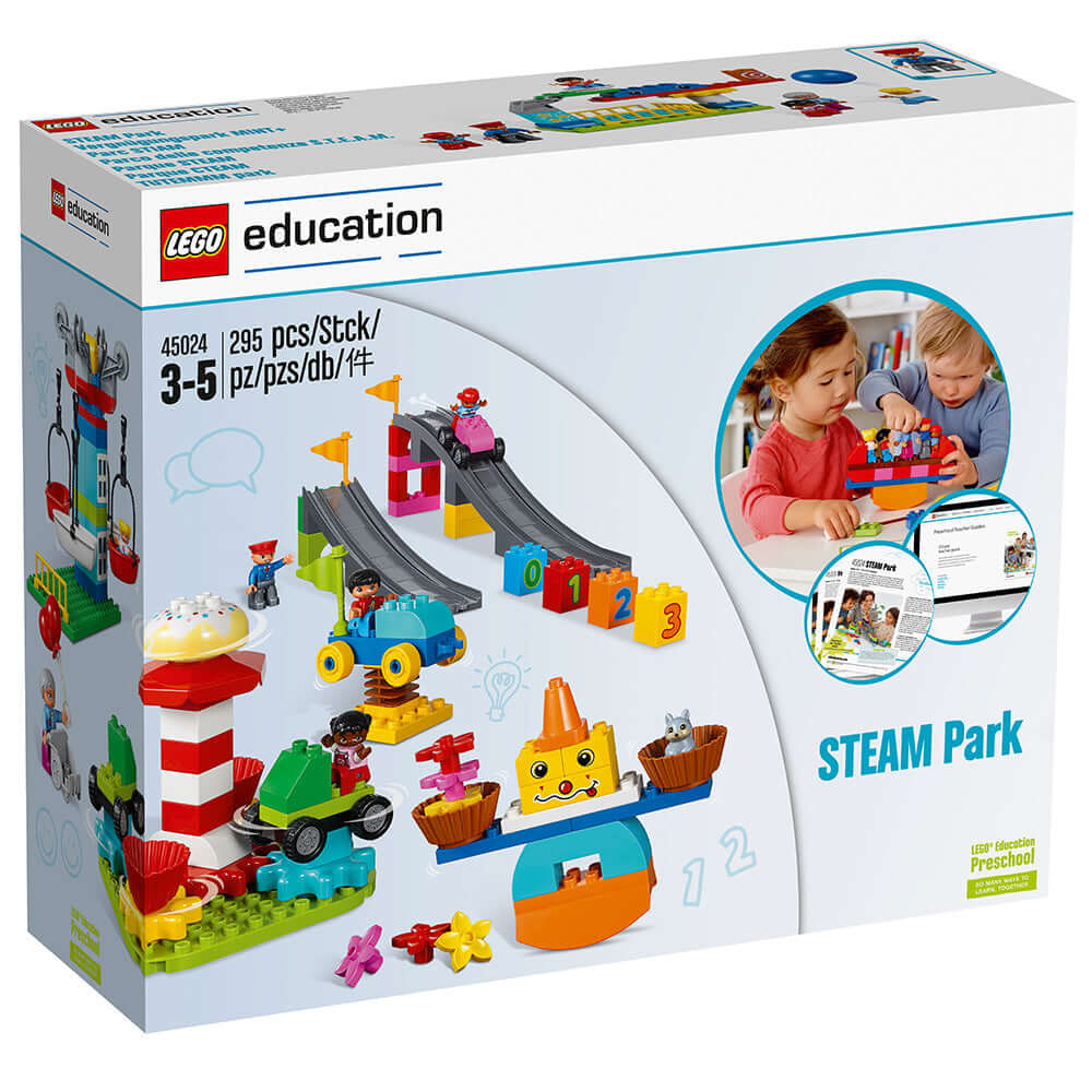 LEGO Education STEAM Park 45024 box showing kids enjoying creative play with DUPLO bricks and dynamic rides.