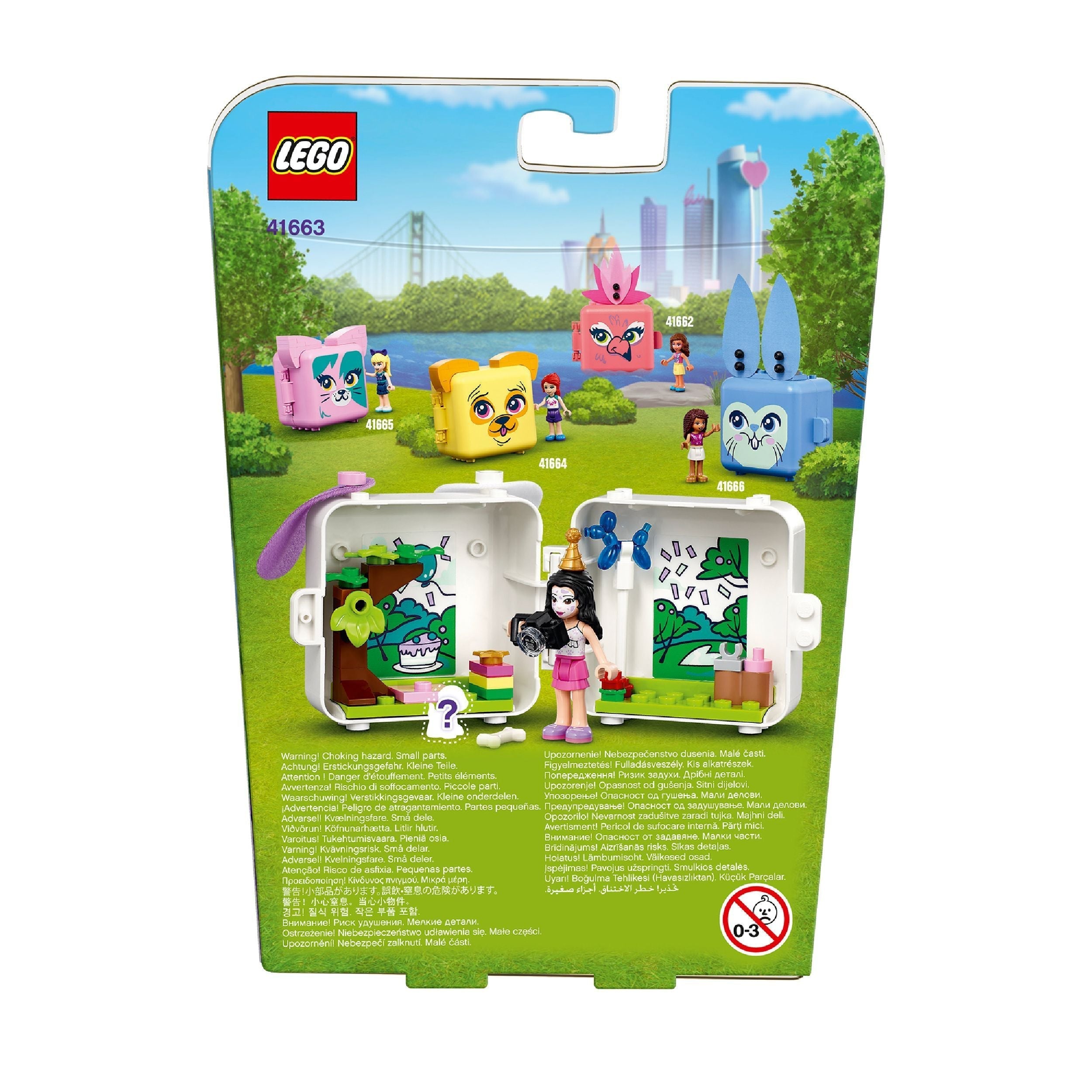 LEGO Friends Emma’s Dalmatian Cube Playset 41663 packaging, featuring cute puppy-themed toys for kids.