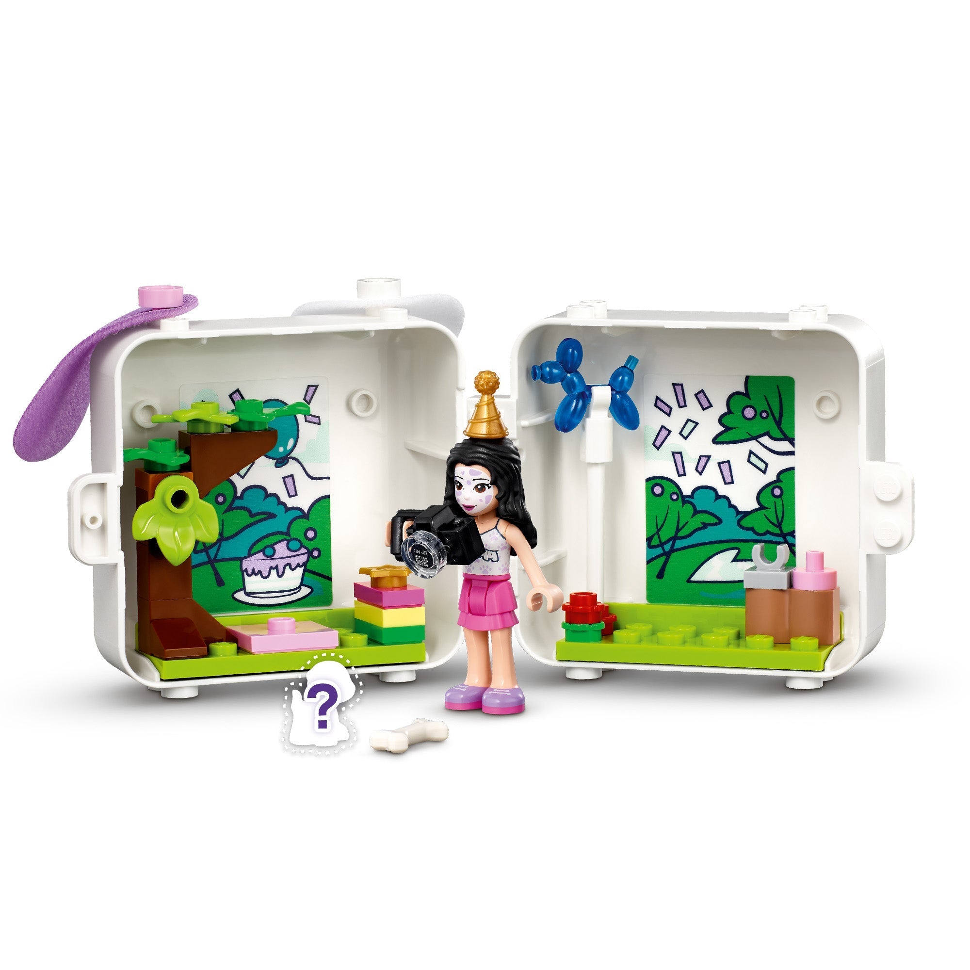 LEGO Friends Emma’s Dalmatian Cube Playset 41663 showcasing a puppy-themed travel set with vibrant colors and accessories.