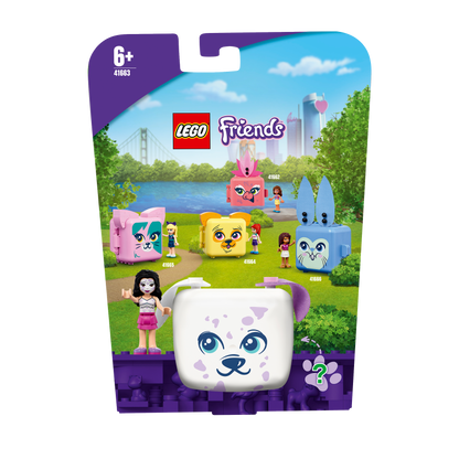 LEGO Friends Emma’s Dalmatian Cube Playset 41663 with cute puppy-themed characters for imaginative play.