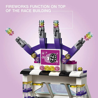LEGO Friends 41352 The Big Race Day playset with fireworks function atop the race building, adding excitement to the race.
