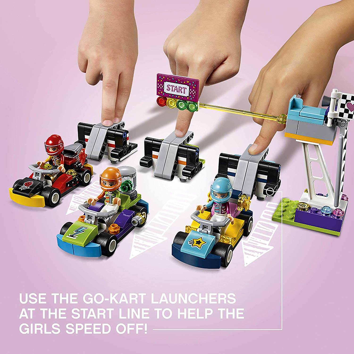 LEGO Friends go-kart launchers at start line for an exciting race in Heartlake City playset 41352.