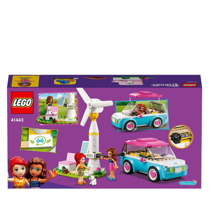 LEGO Friends Olivia's Electric Car Toy 41443 with modern car, charging station, wind turbine, and two minifigures.