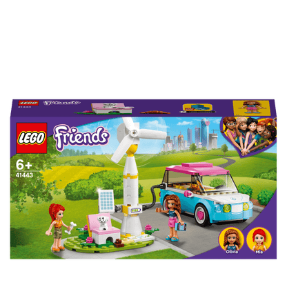 LEGO Friends Olivia's Electric Car Toy 41443 with charging station and mini-dolls, perfect for eco-friendly play.