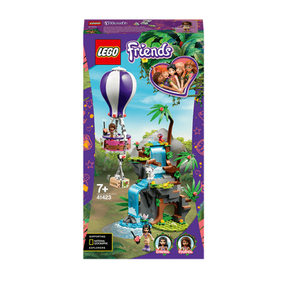 LEGO Friends Tiger Balloon Jungle Rescue Set 41423 featuring a hot air balloon and waterfall scene for wildlife exploration.