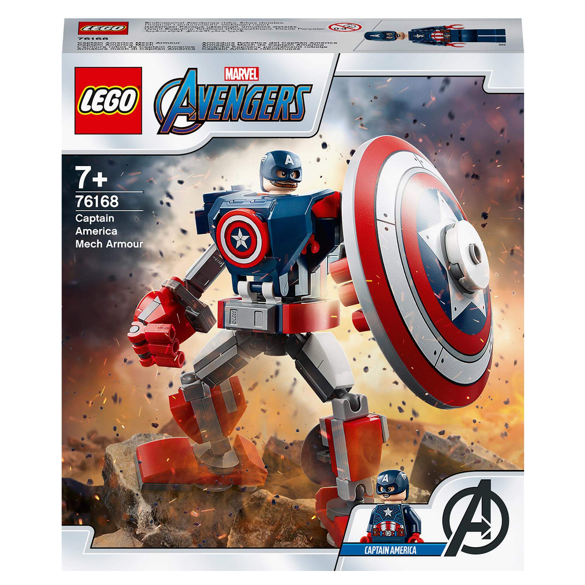 LEGO Marvel Avengers Captain America Mech Toy 76168 with movable limbs and shield, perfect for kids ages 7 and up.