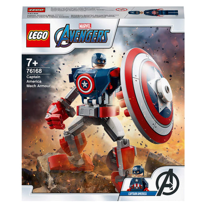 LEGO Marvel Avengers Captain America Mech Toy 76168 with movable limbs and shield, perfect for kids ages 7 and up.