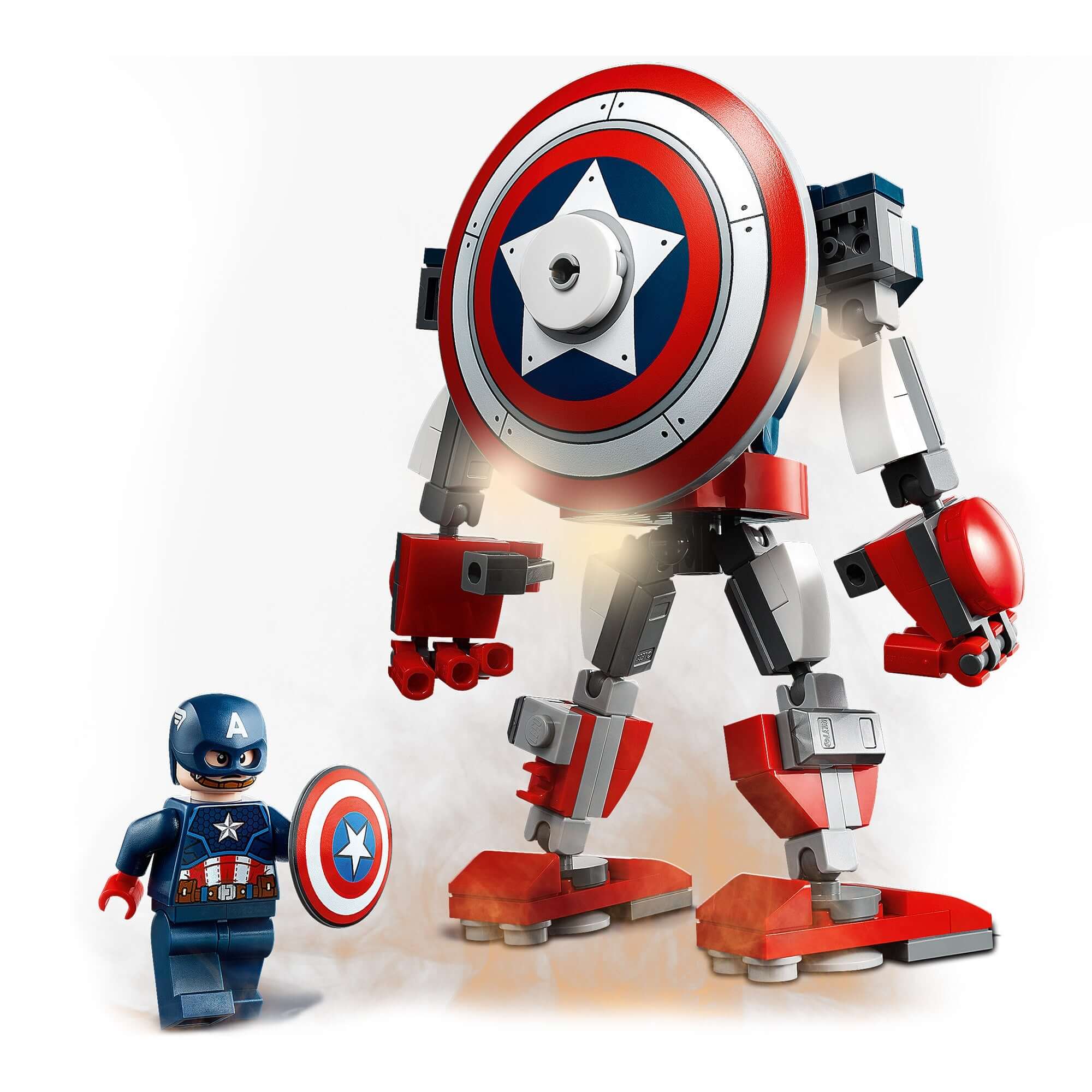 LEGO Marvel Avengers Captain America mech toy with movable limbs and Captain America minifigure holding a shield.