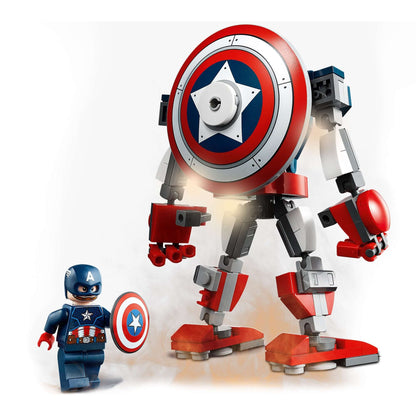 LEGO Marvel Avengers Captain America mech toy with movable limbs and Captain America minifigure holding a shield.