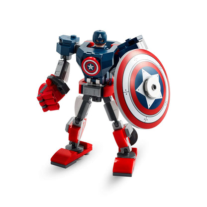 LEGO Marvel Avengers Captain America mech toy with movable limbs and detachable shield for kids.