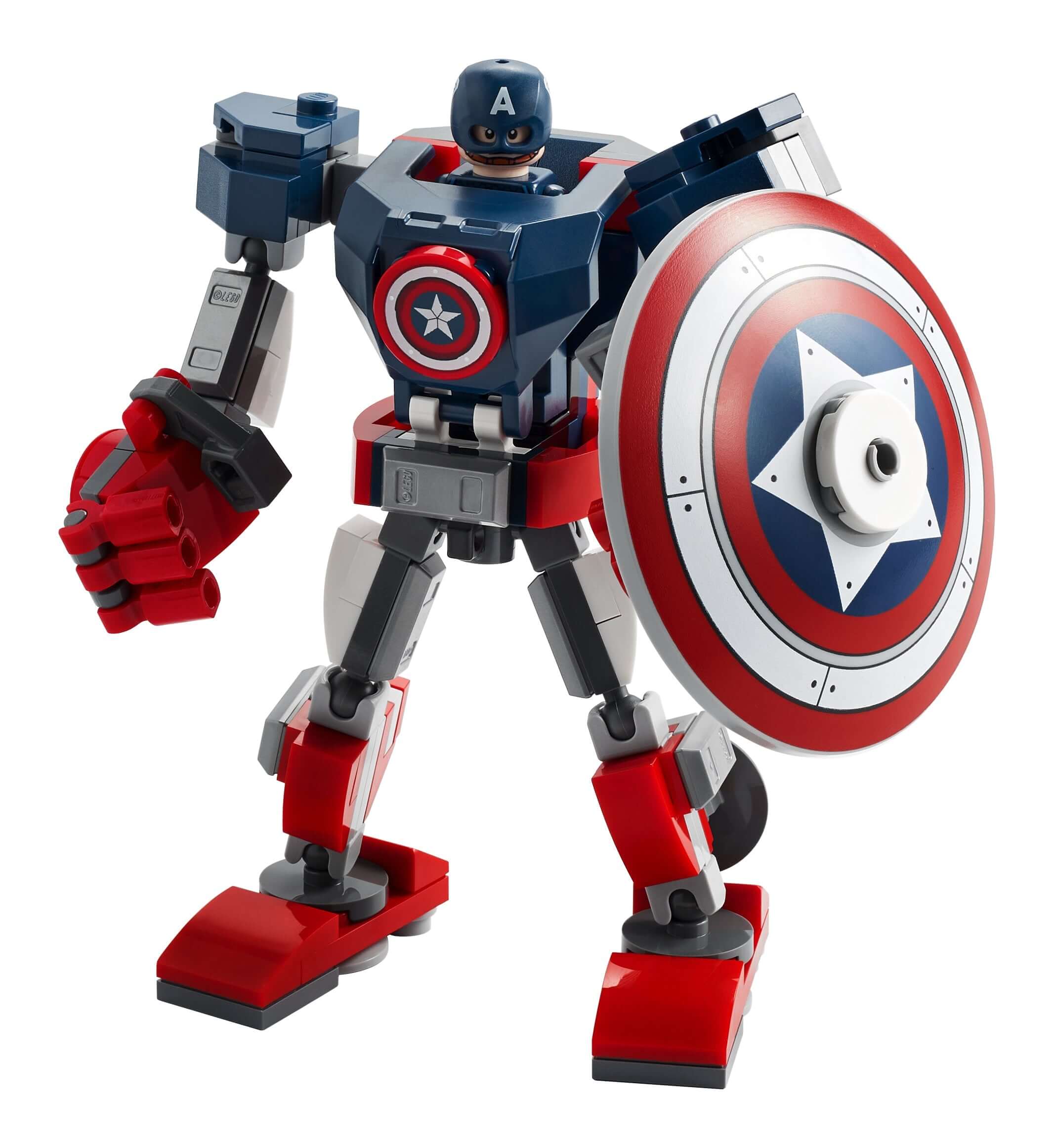 LEGO® Marvel Avengers Captain America mech toy with movable limbs, detachable shield, and minifigure.