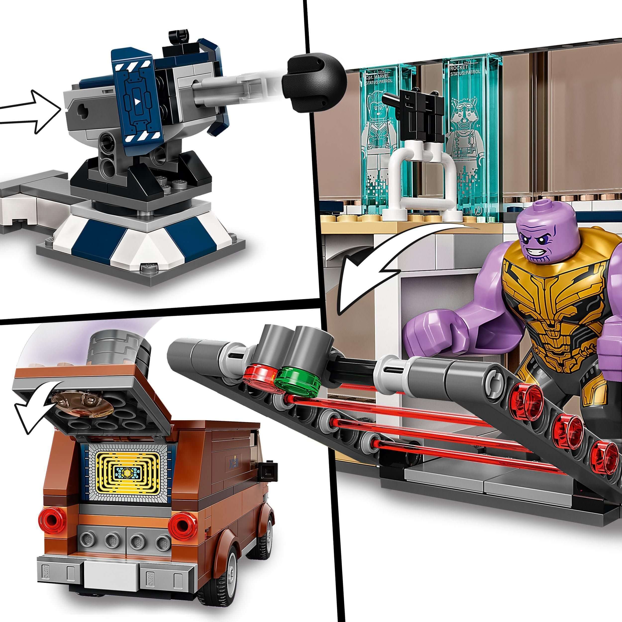 LEGO Marvel Avengers Endgame Final Battle set with Thanos, cannon, and van showcasing imaginative superhero play.