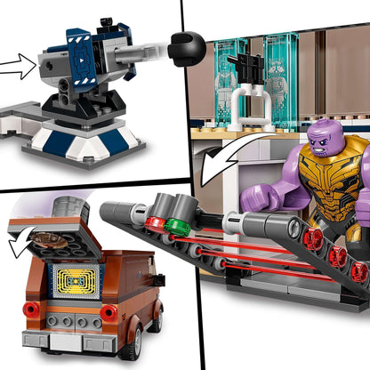 LEGO Marvel Avengers Endgame Final Battle set with Thanos, cannon, and van showcasing imaginative superhero play.